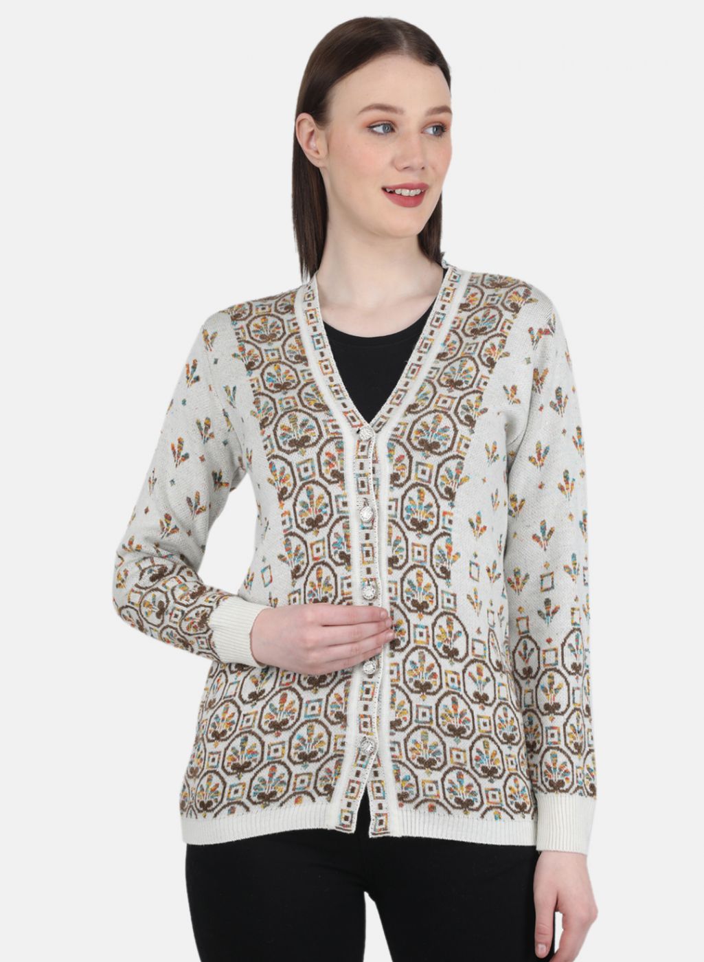 Women White & Brown Self Design Cardigan