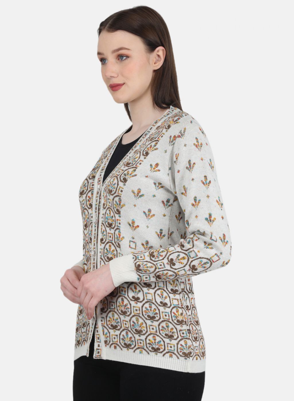 Women White & Brown Self Design Cardigan