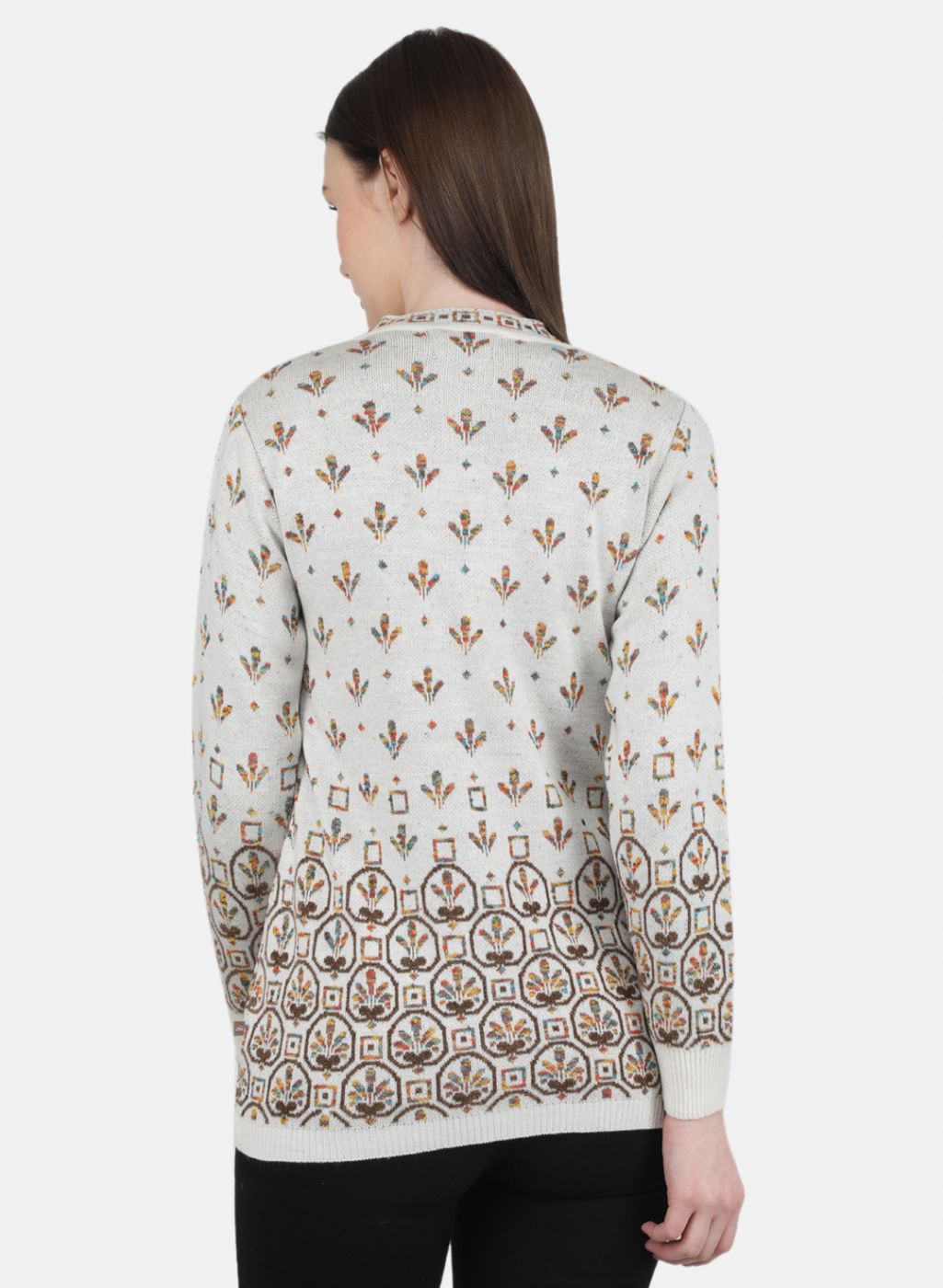 Women White & Brown Self Design Cardigan