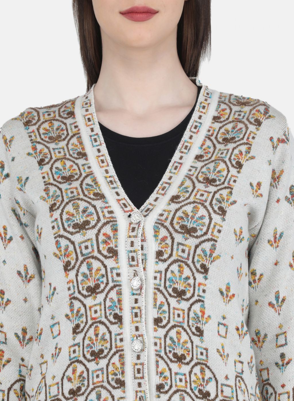 Women White & Brown Self Design Cardigan