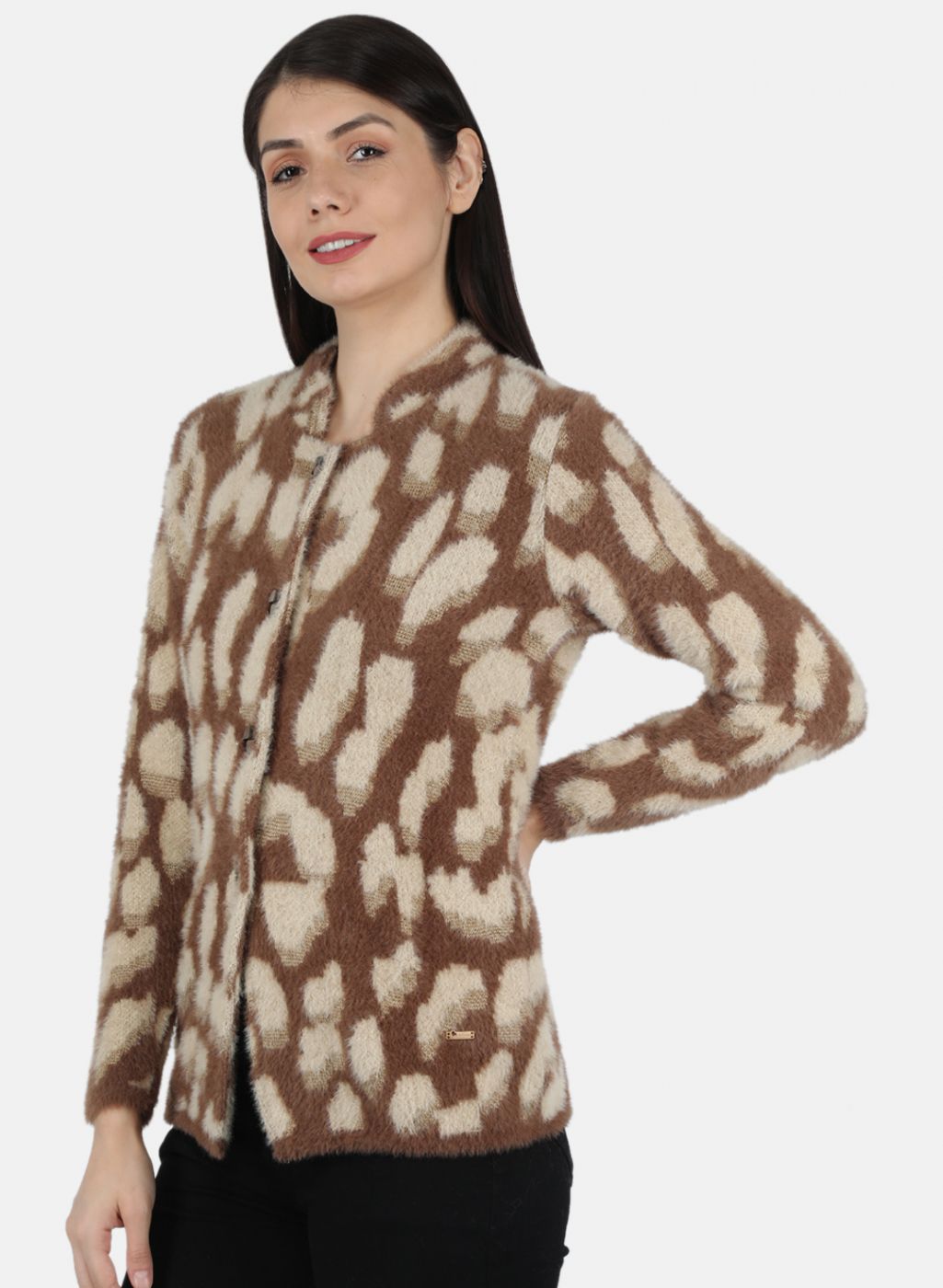 Women Brown Self Design Coat