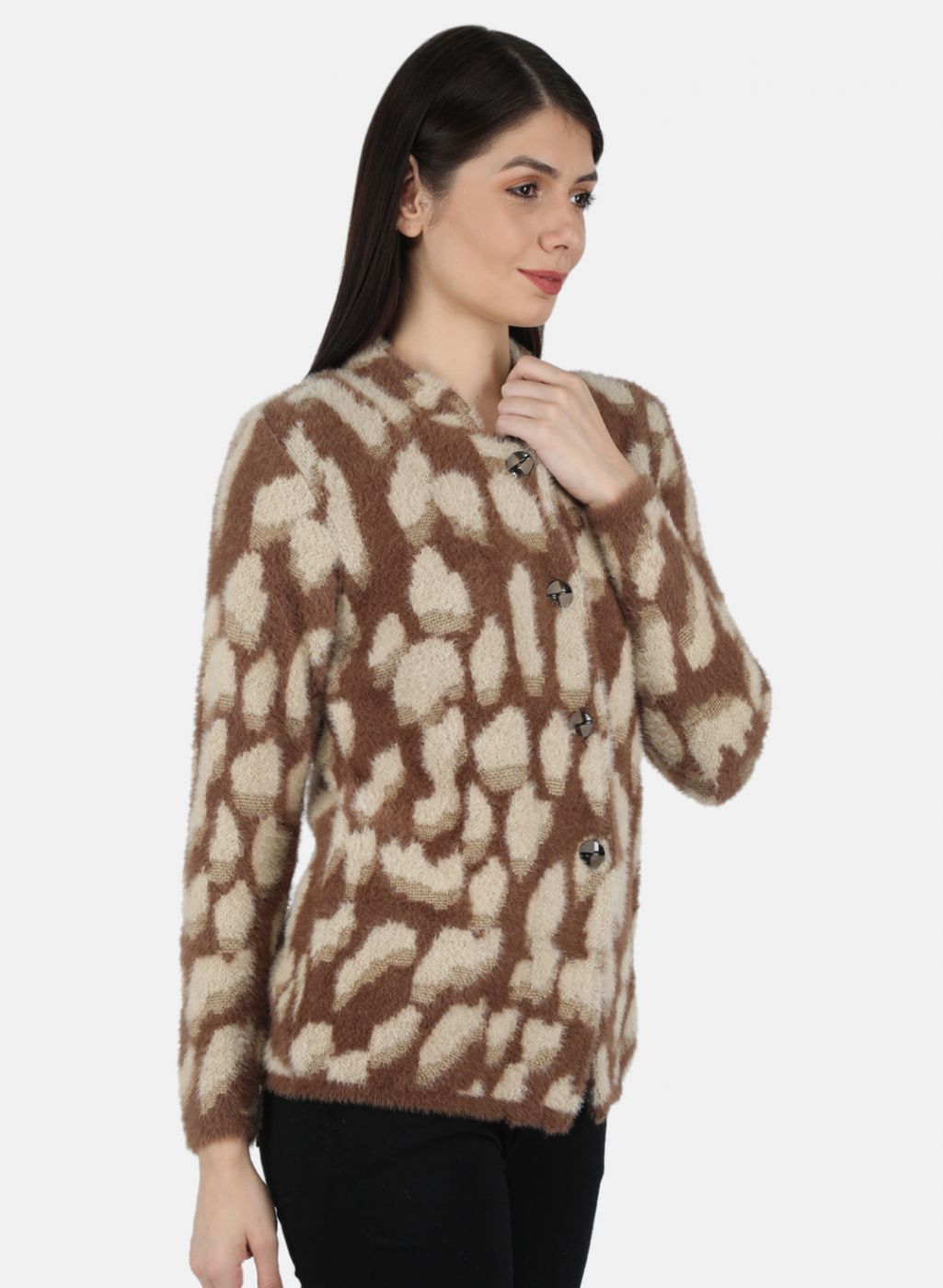 Women Brown Self Design Coat