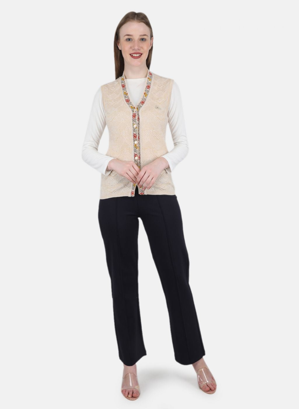 Women Beige Self Design Cardigan