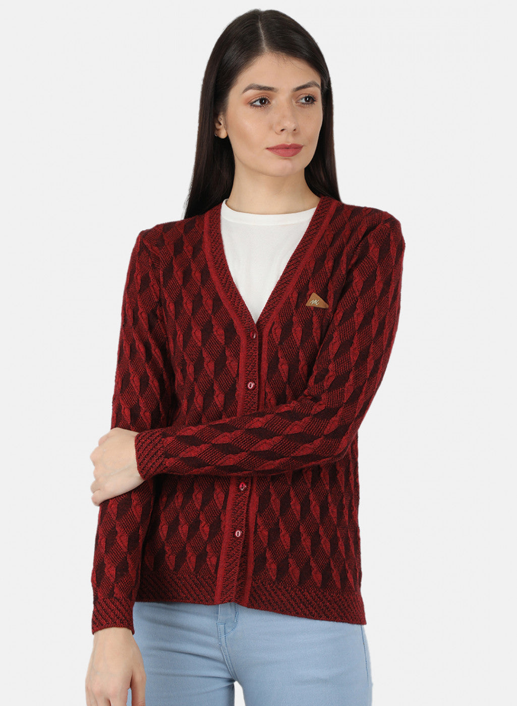 Women Red Self Design Cardigan
