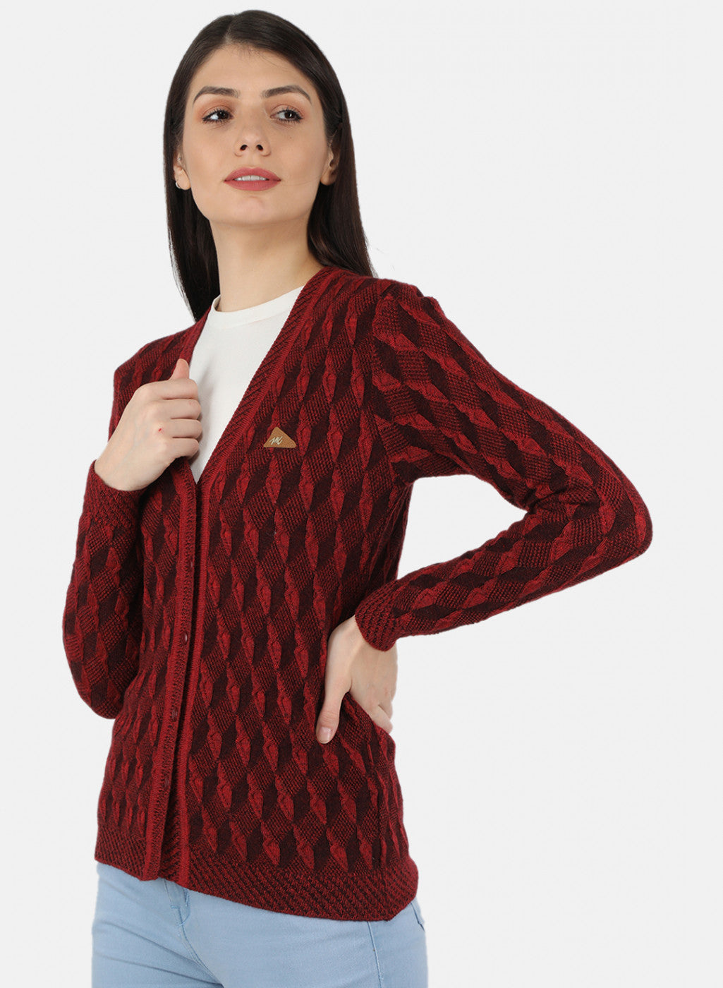 Women Red Self Design Cardigan