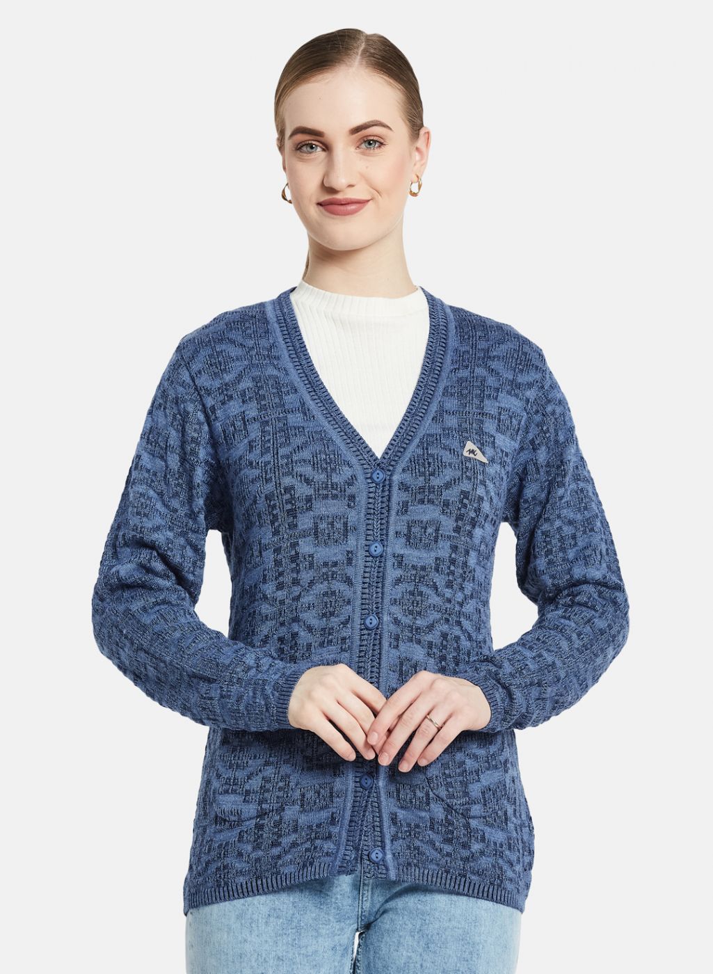 Women Blue Self Design Cardigan