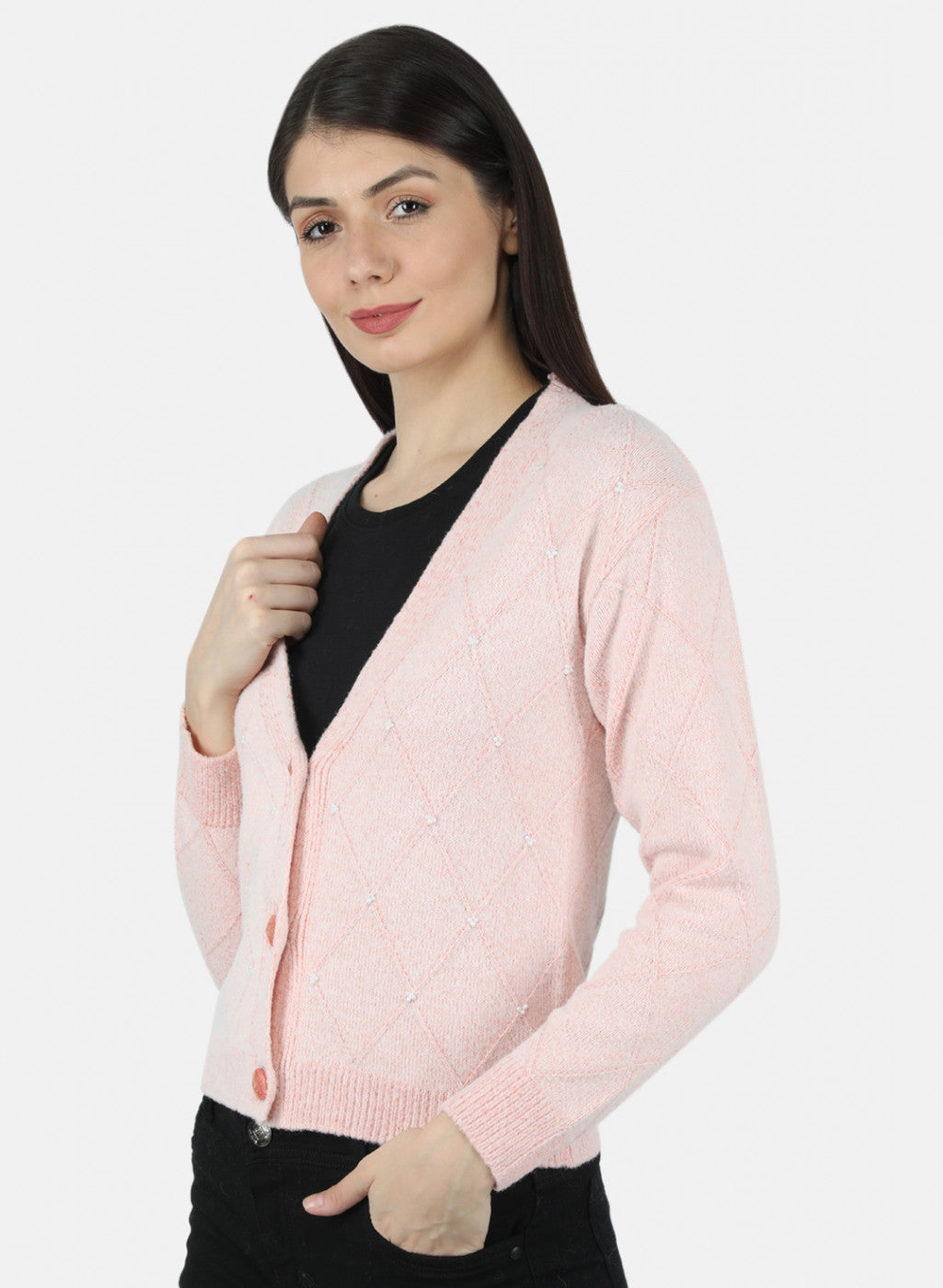 Women Pink Self Design Cardigan