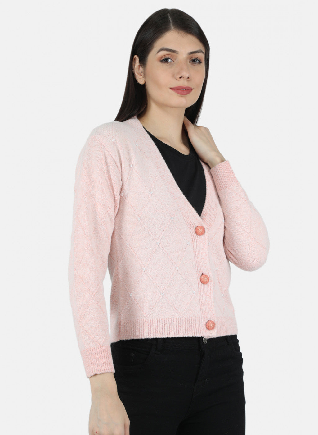 Women Pink Self Design Cardigan