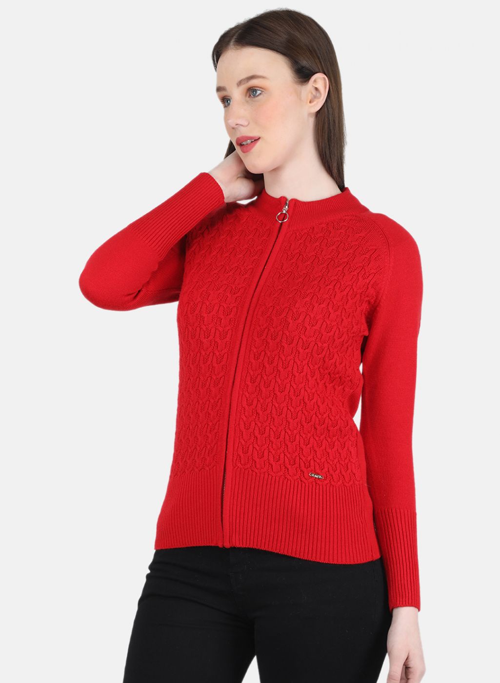 Women Red Self Design Pullover