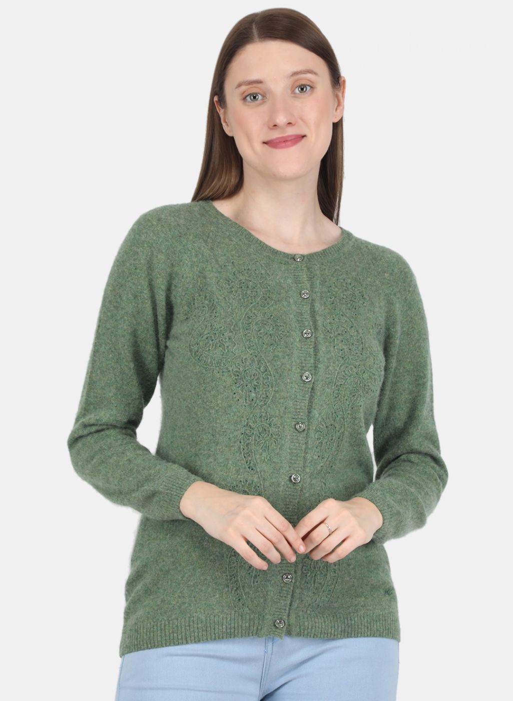 Women Green Self design Cardigan