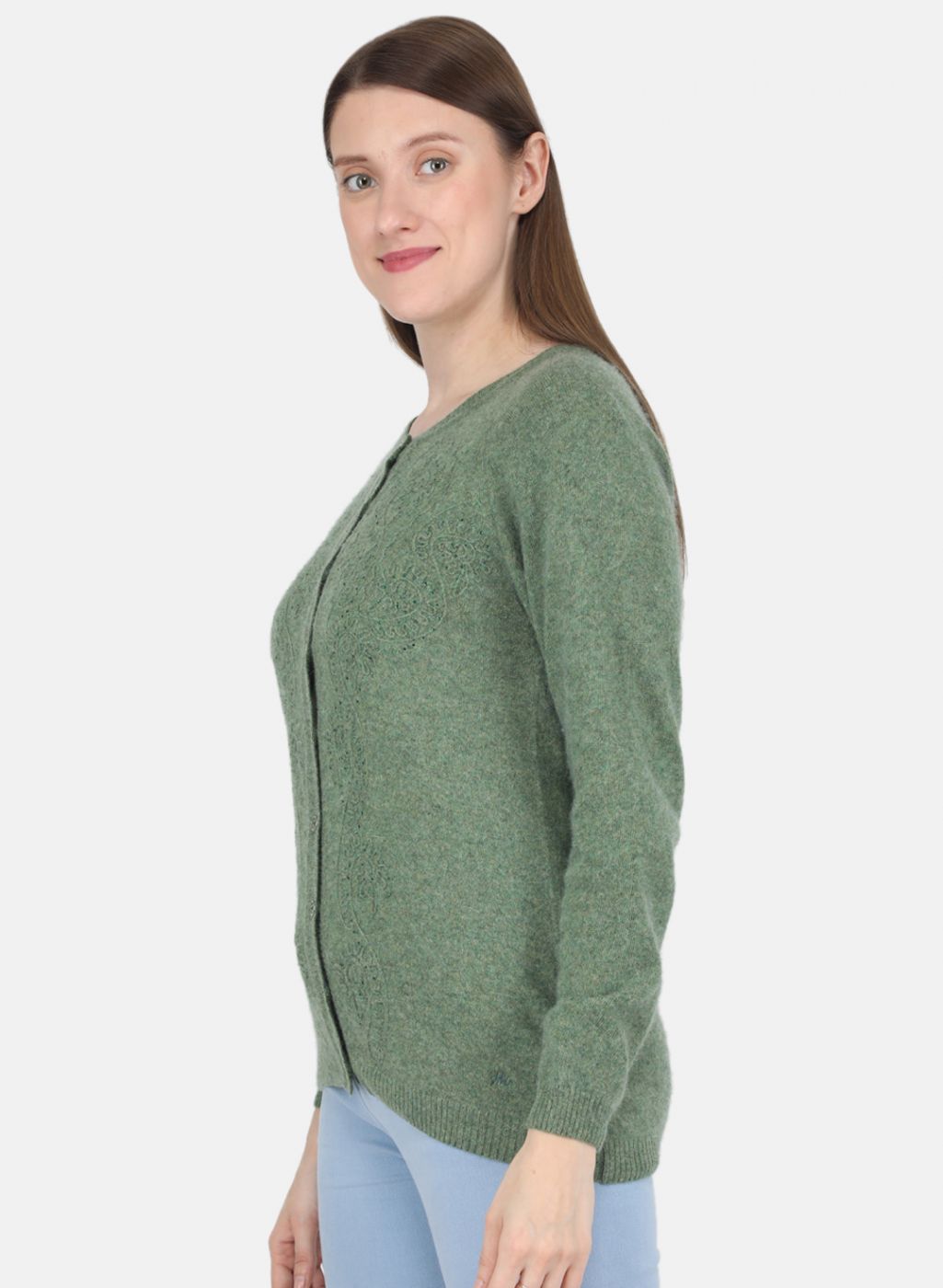 Women Green Self design Cardigan