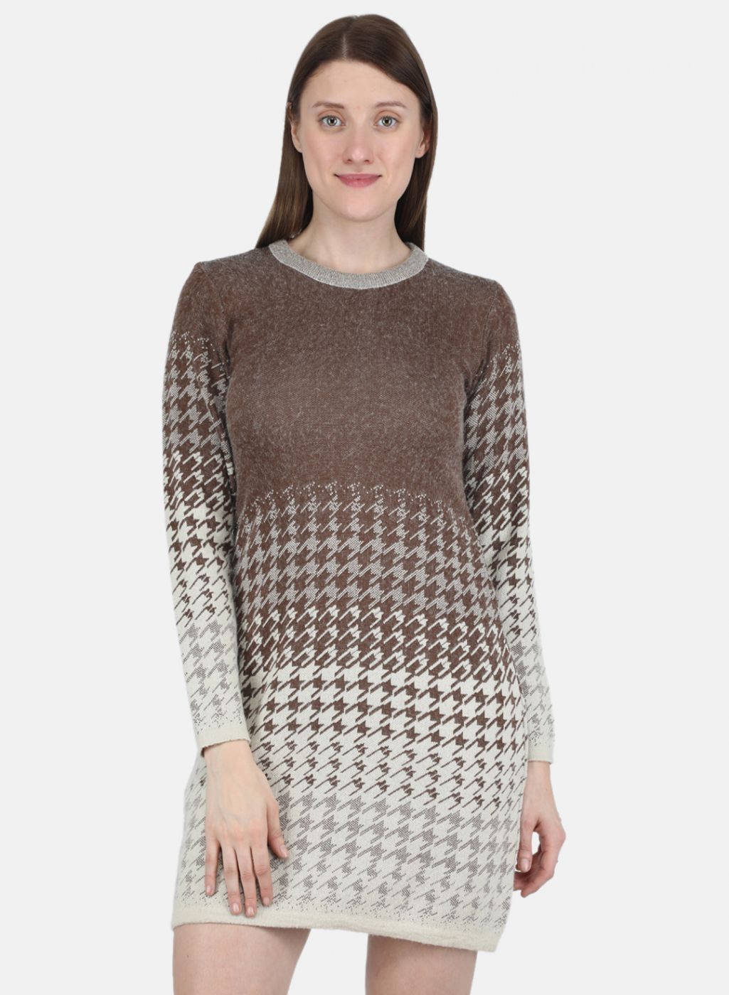 Women Off White & Brown Jaquard Dress