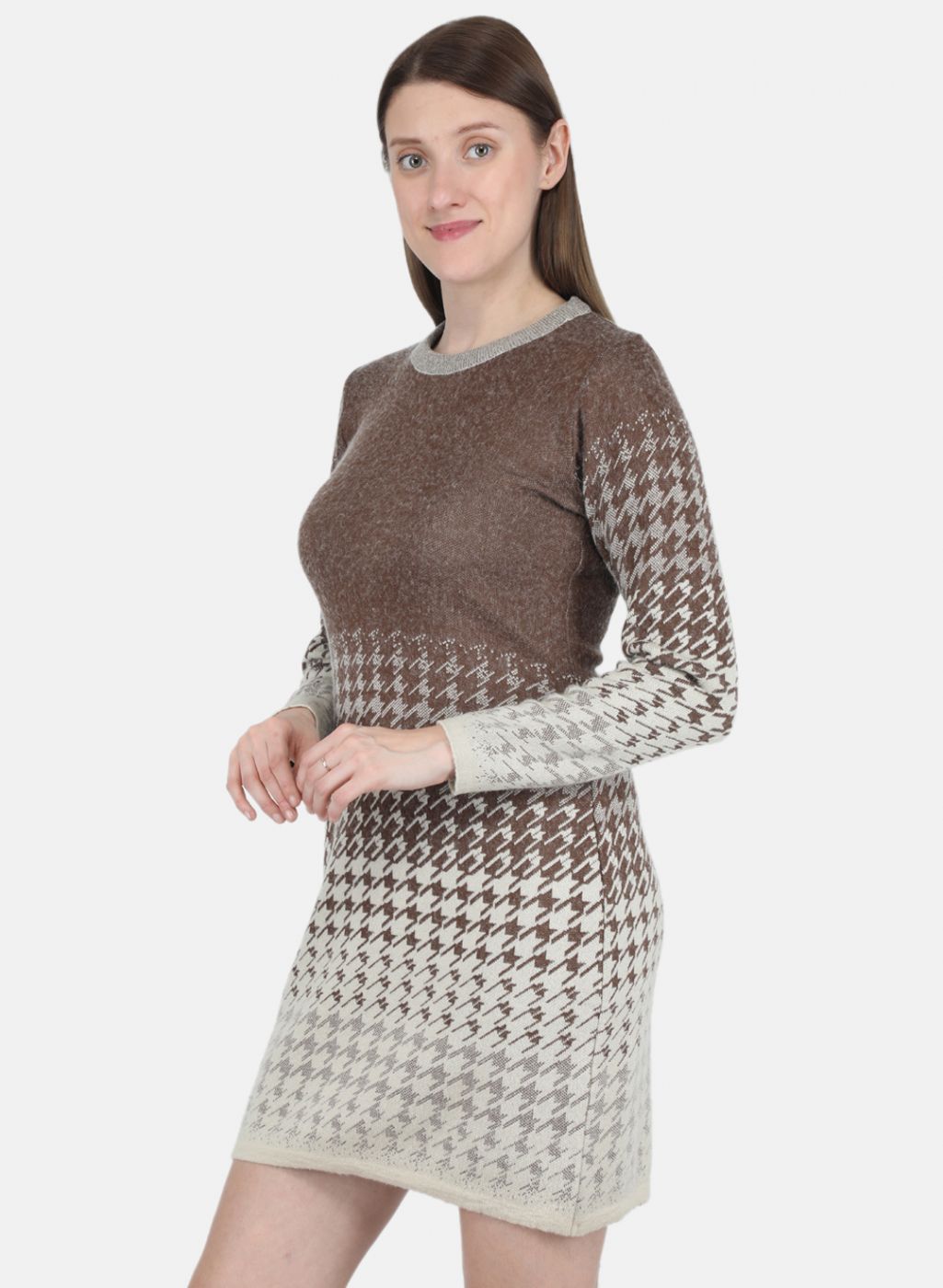 Women Off White & Brown Jaquard Dress