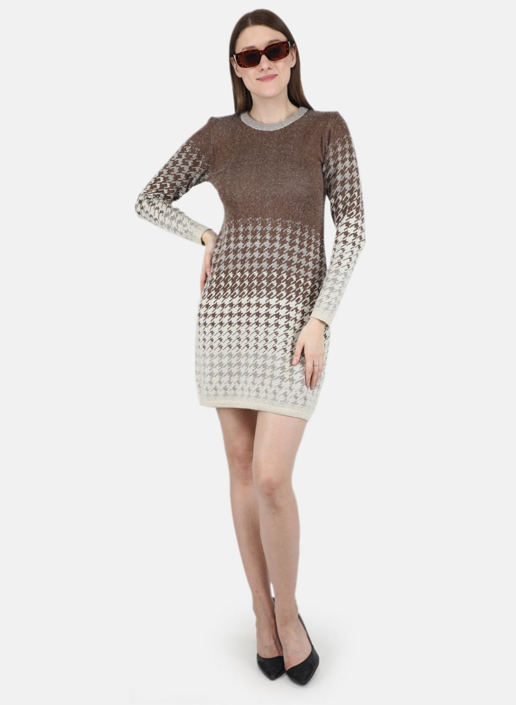 Women Off White & Brown Jaquard Dress