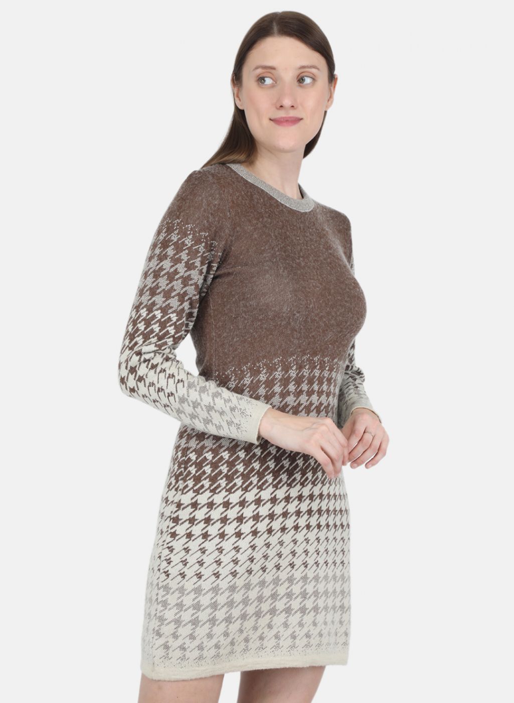 Women Off White & Brown Jaquard Dress