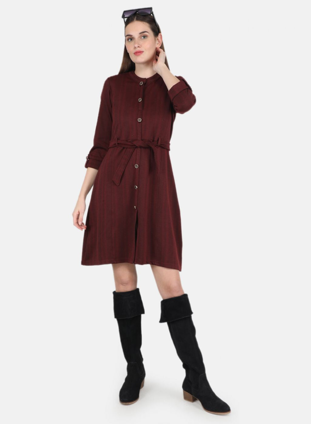 Women Maroon Self design Dress