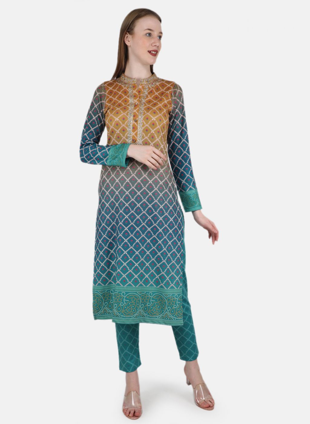 Women Blue Self Design Kurti+Lower Set