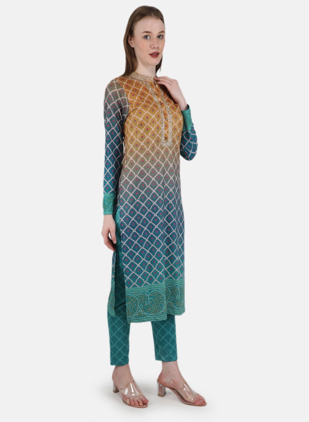 Women Blue Self Design Kurti+Lower Set