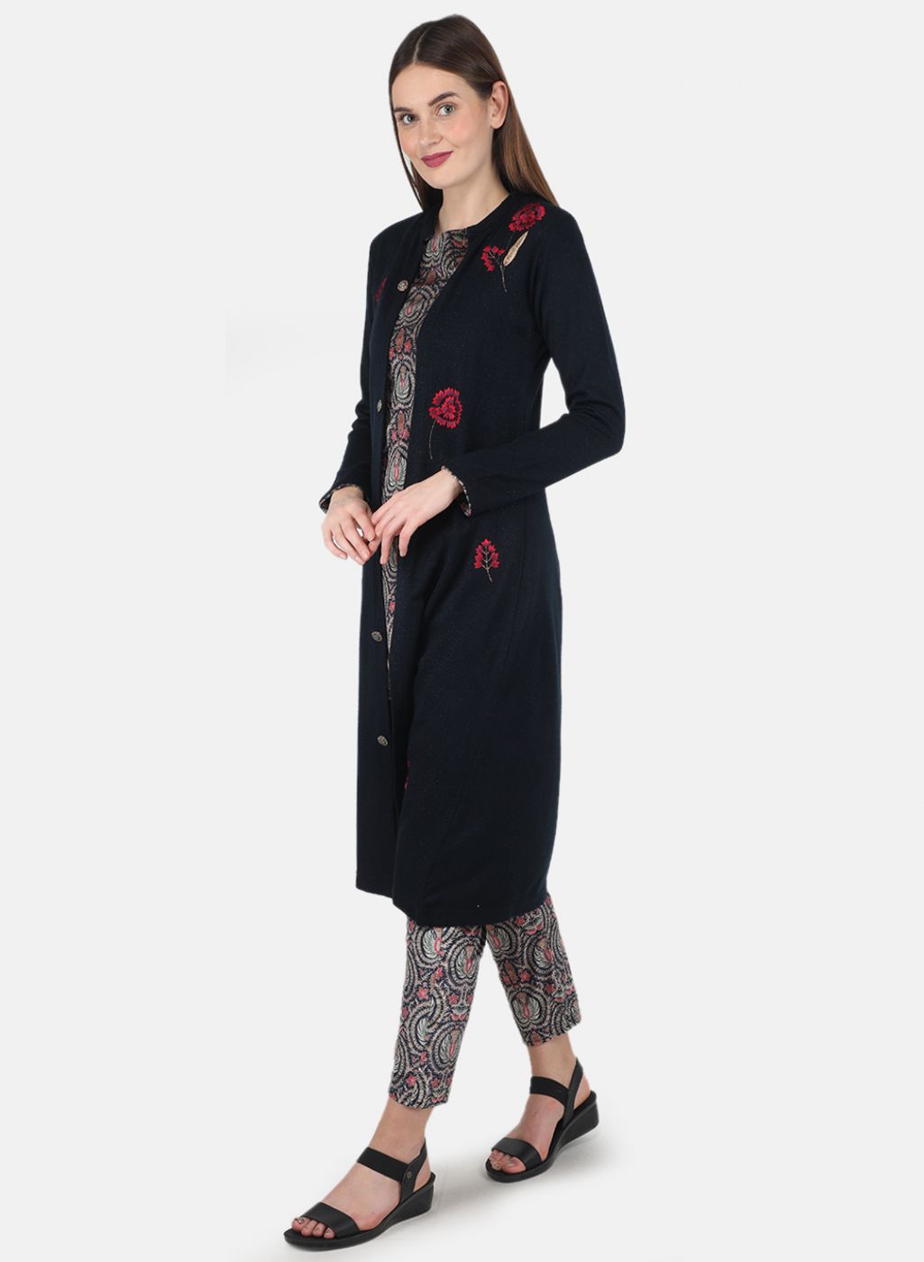 Women NAvy Blue Self design 3 Pc set (Kurti+Shrug+Lower)
