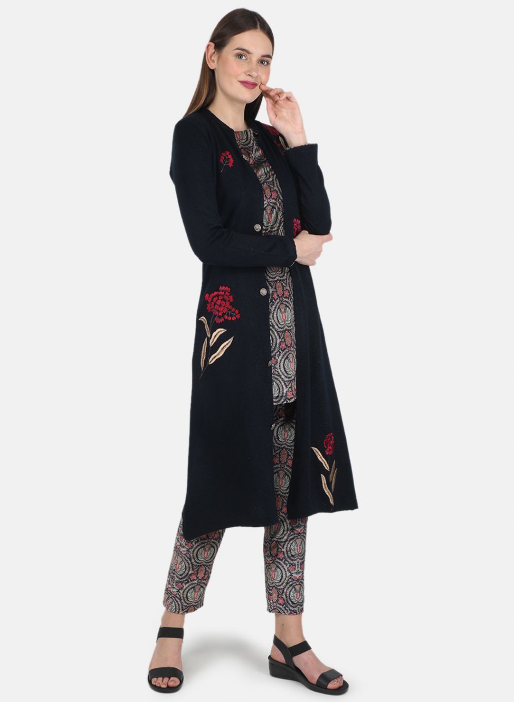 Women NAvy Blue Self design 3 Pc set (Kurti+Shrug+Lower)