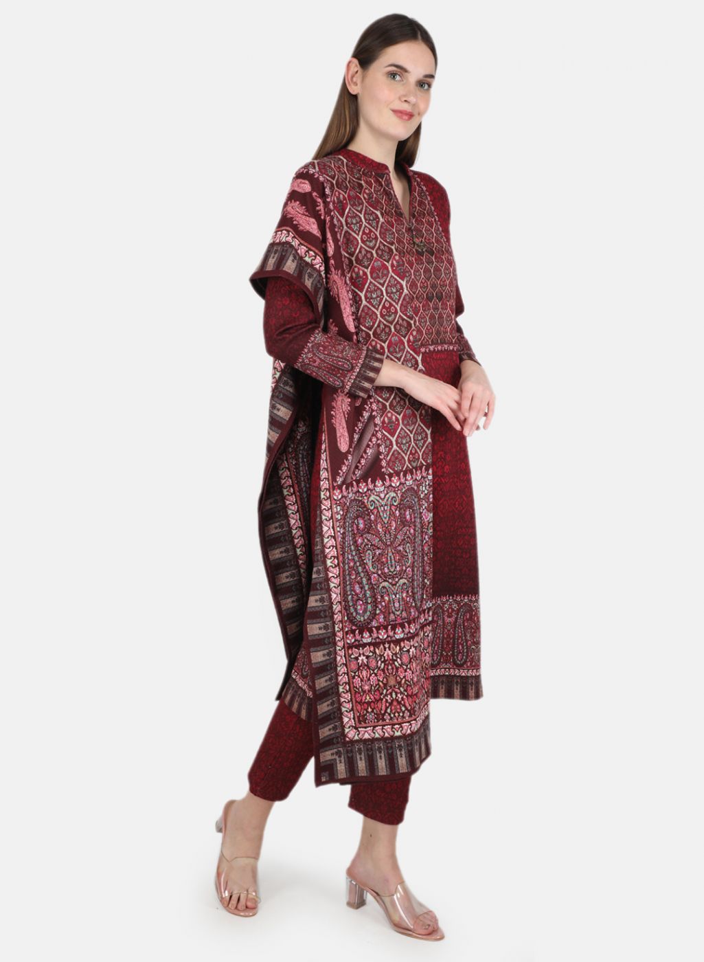 Women Maroon 3 Pc set (Kurti+Stole+Lower) for Winter
