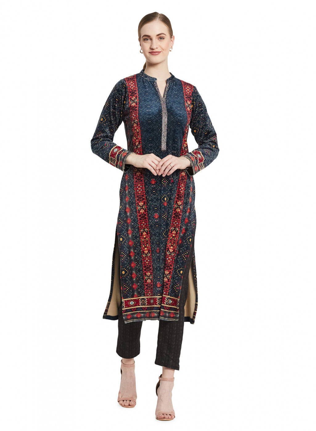 Women Blue Self Design Winter Kurti