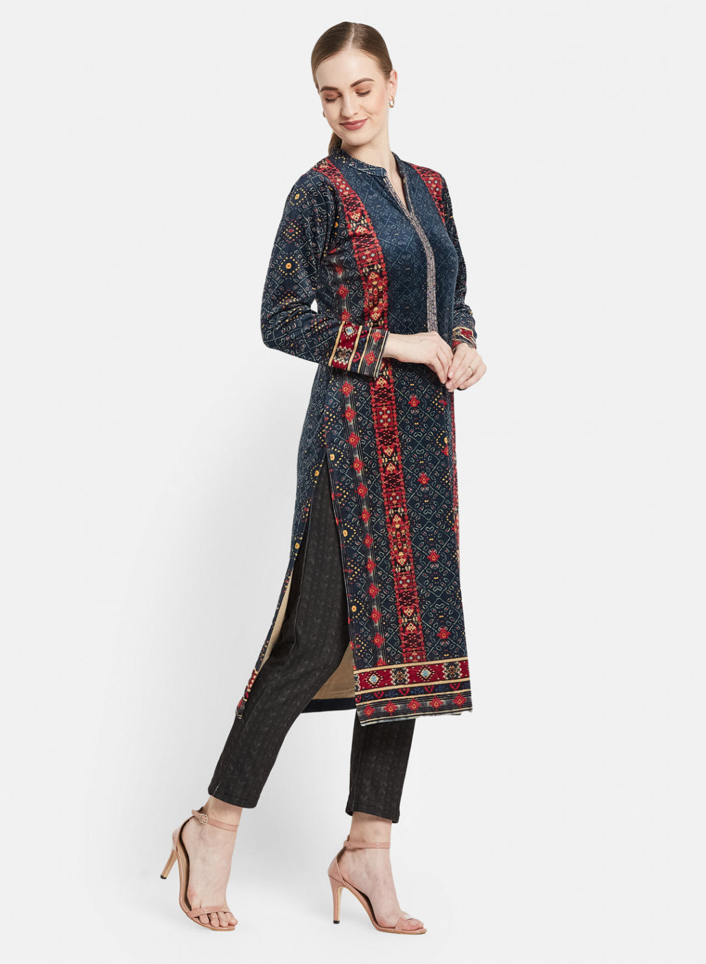 Women Blue Self Design Winter Kurti