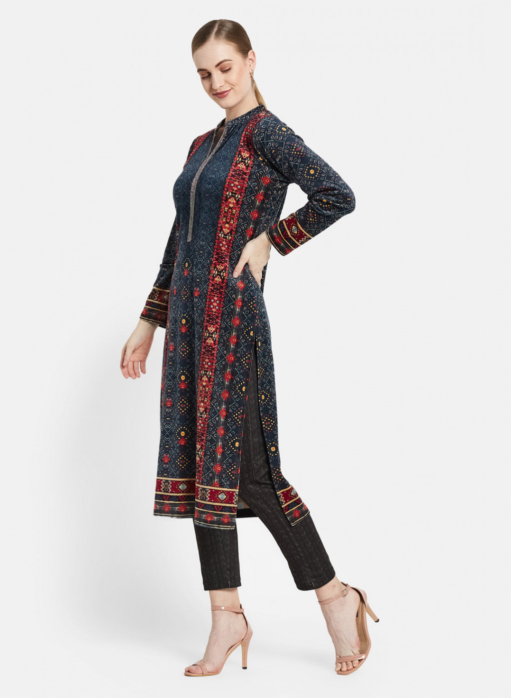 Women Blue Self Design Winter Kurti