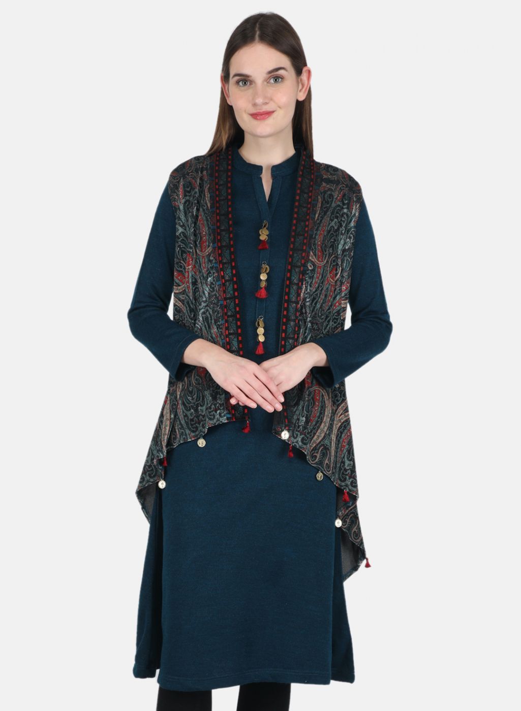 Women Teal Blue Kurti+Shrug Set for Winter