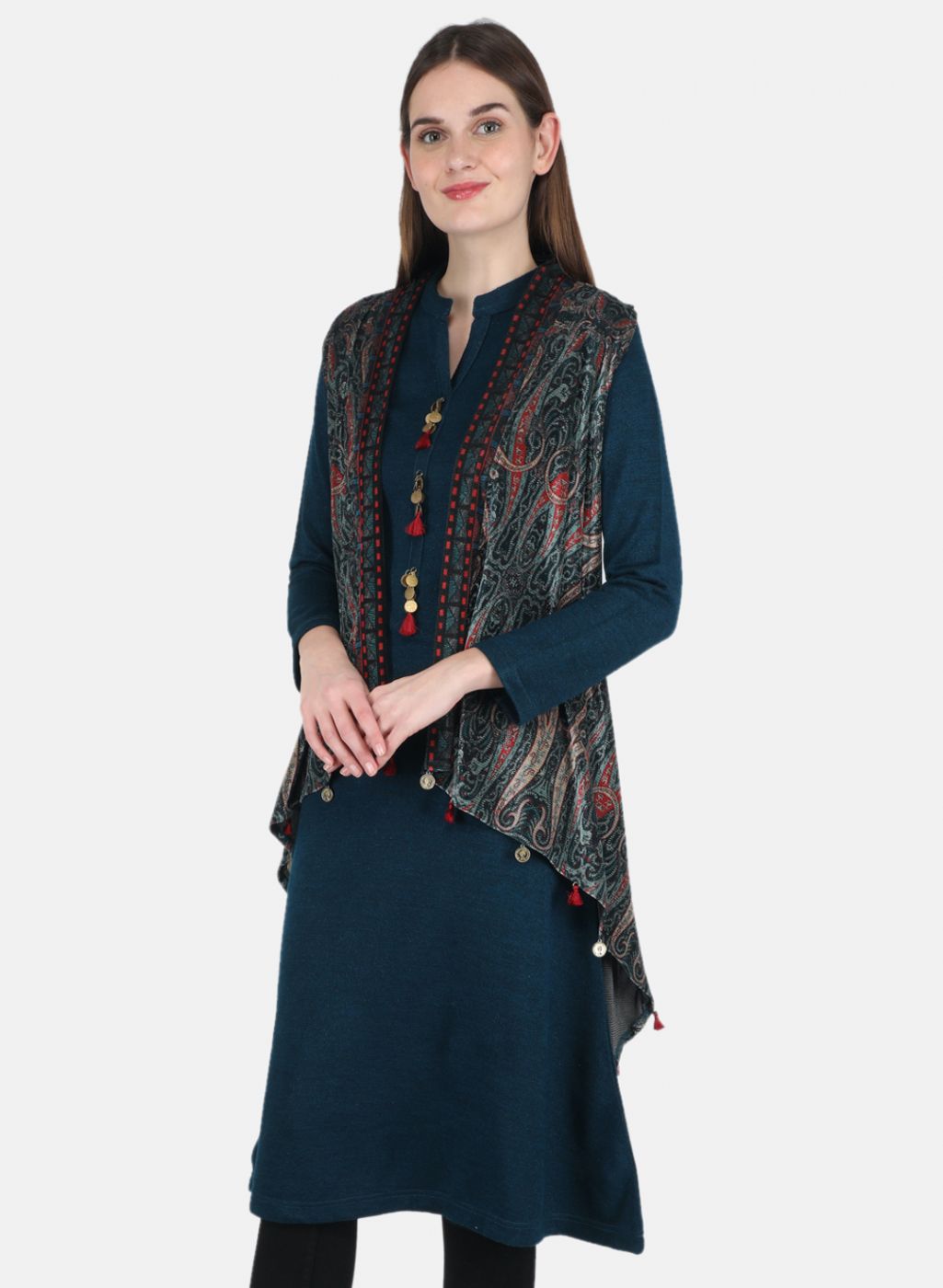Women Teal Blue Kurti+Shrug Set for Winter