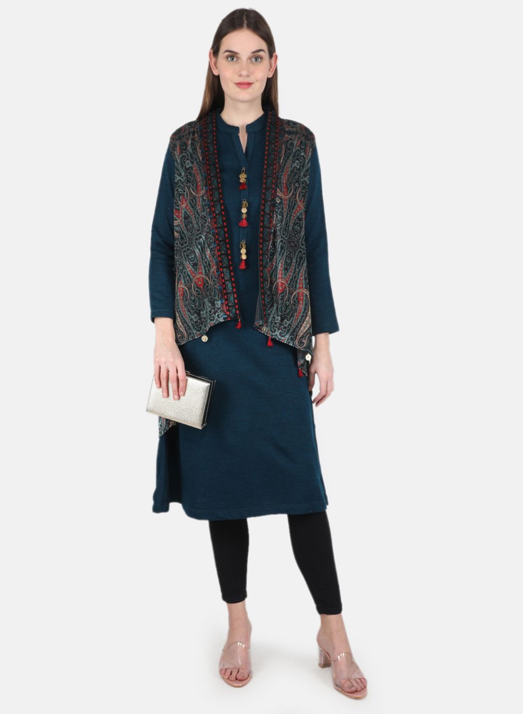 Women Teal Blue Kurti+Shrug Set for Winter