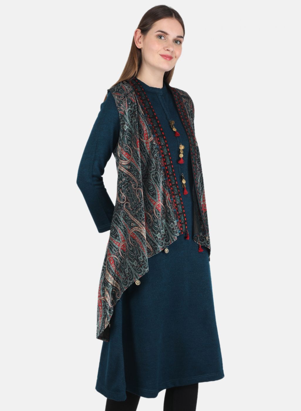 Women Teal Blue Kurti+Shrug Set for Winter