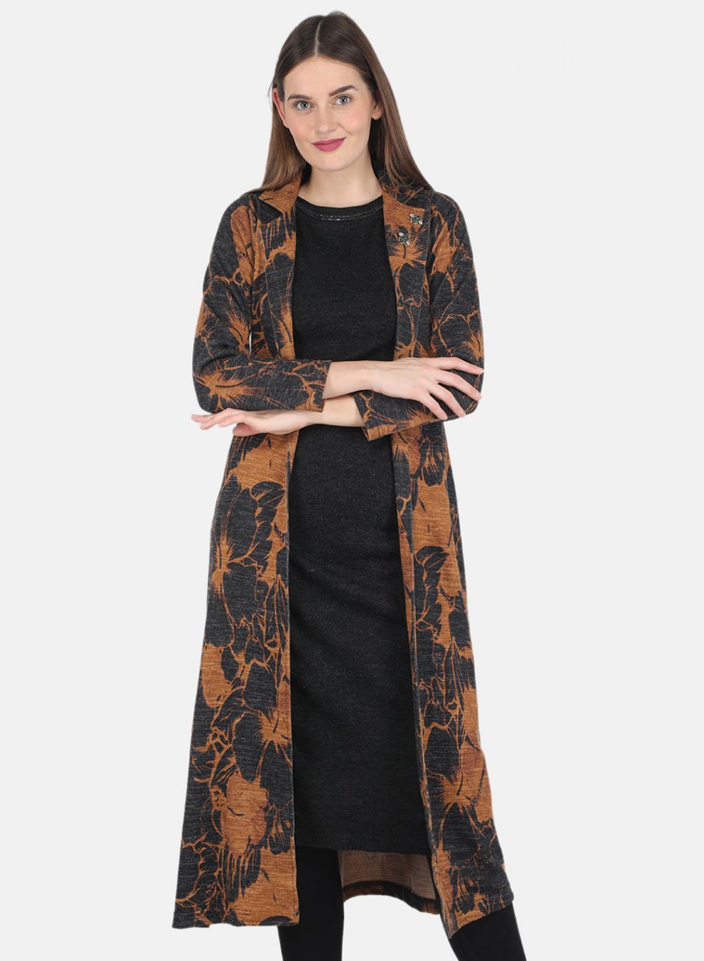 Women Mustard Self design Kurti+Shrug Set