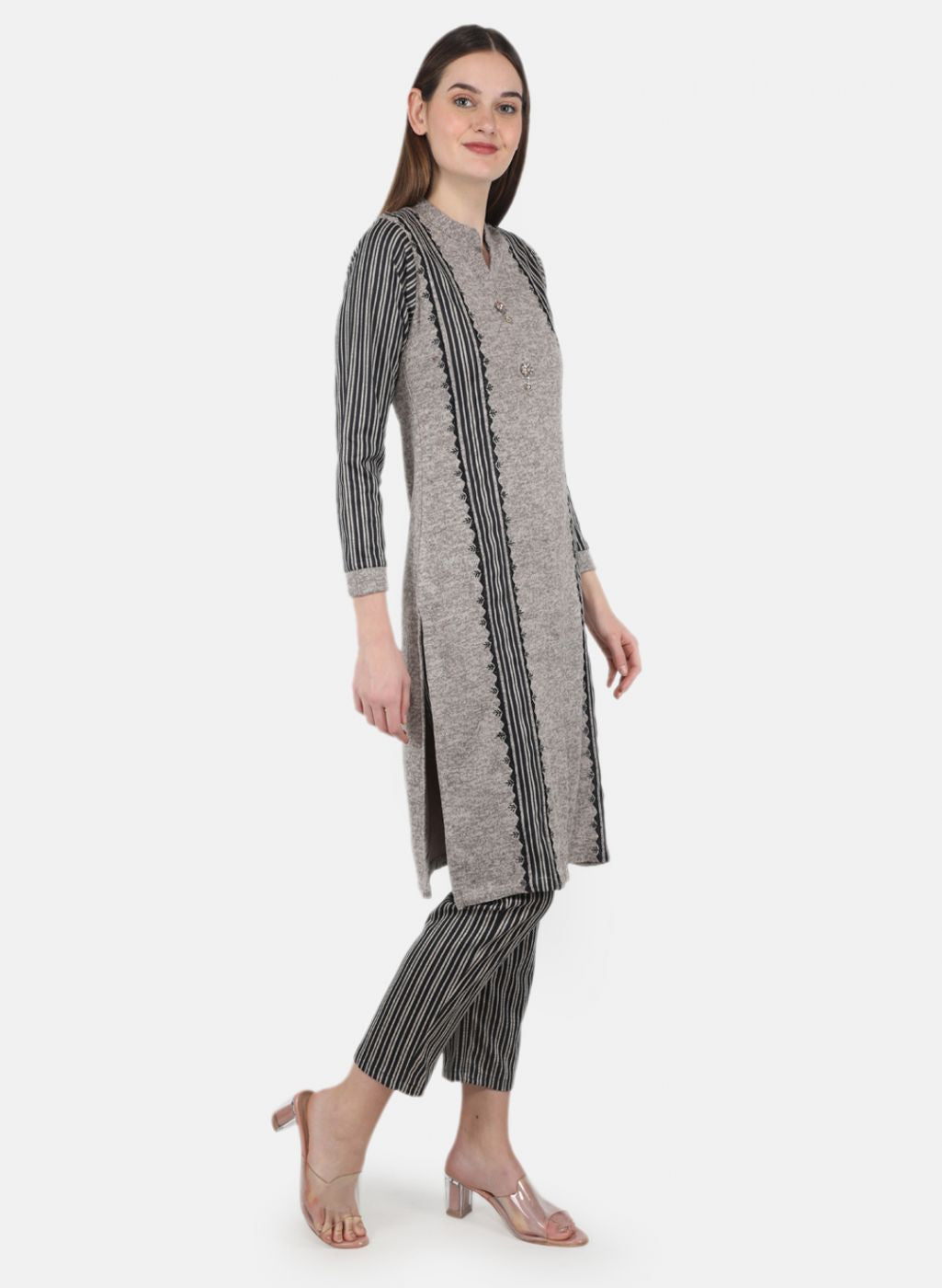 Women Beige Self Design Kurti+Lower Set