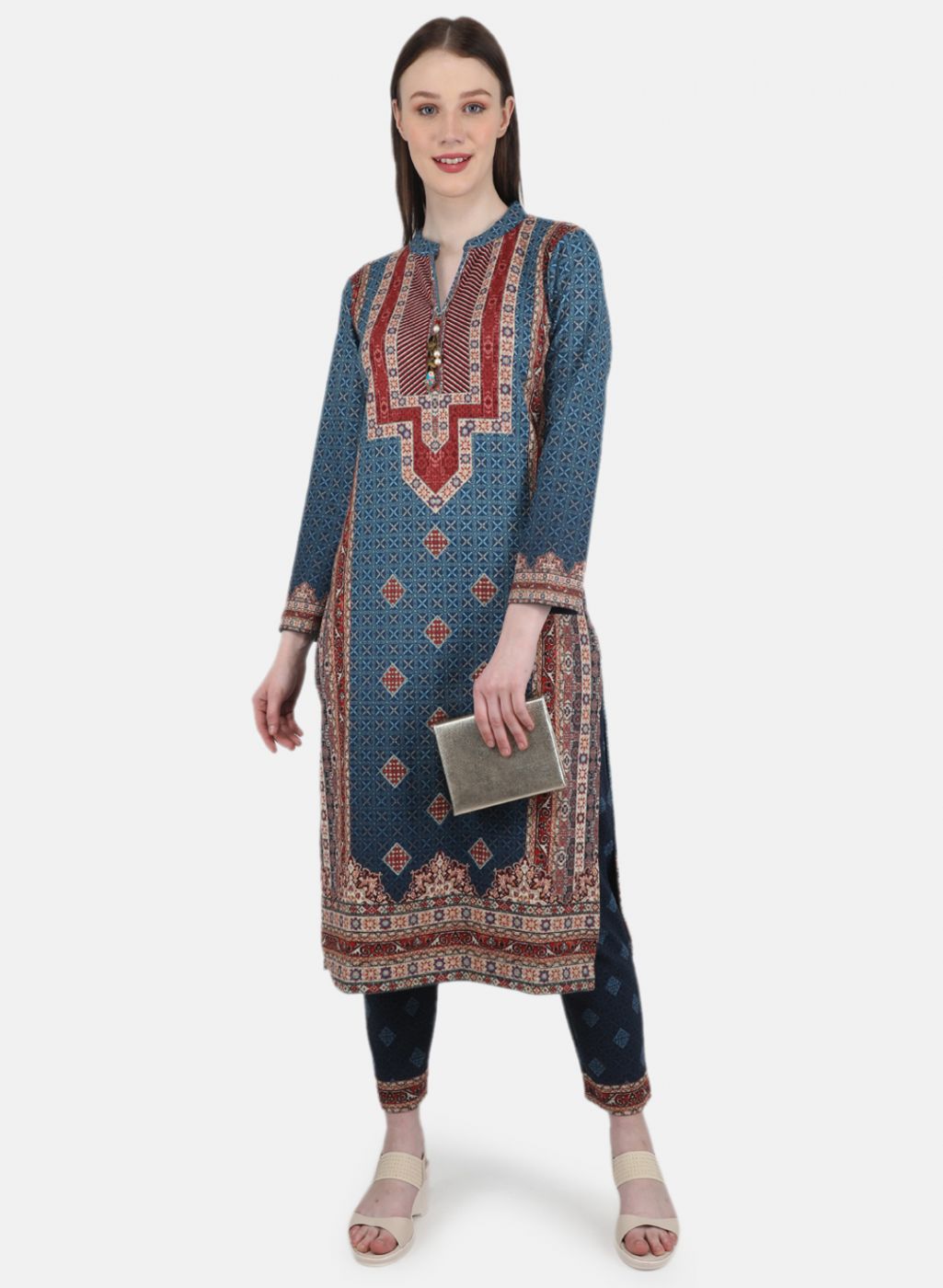 Women Blue Self Design Kurti+Lower Set