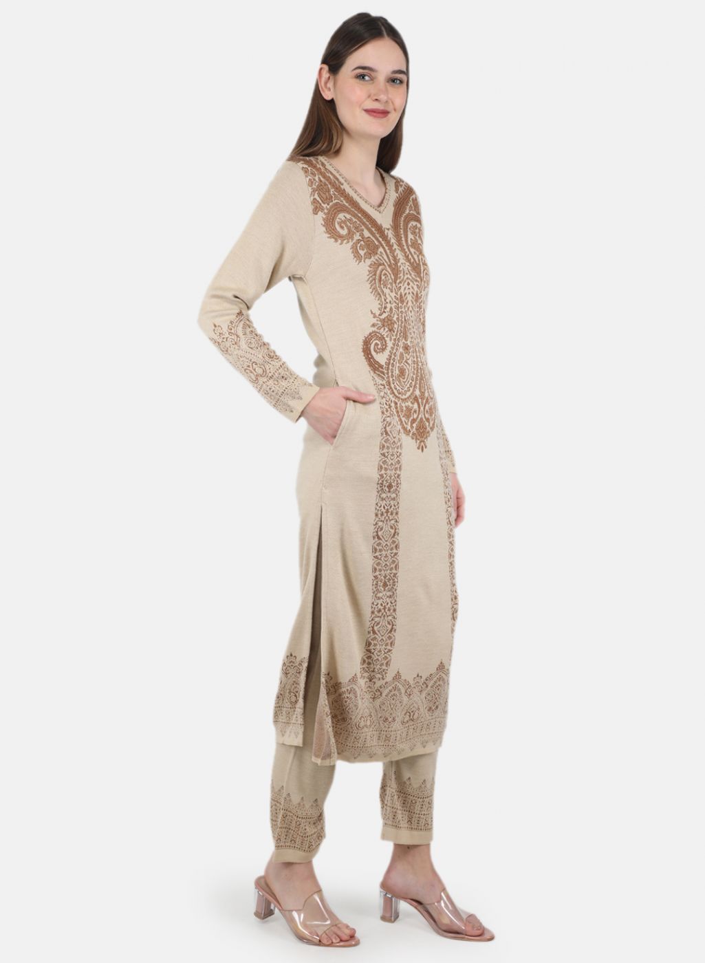 Women Beige Self Design Kurti+Lower Set