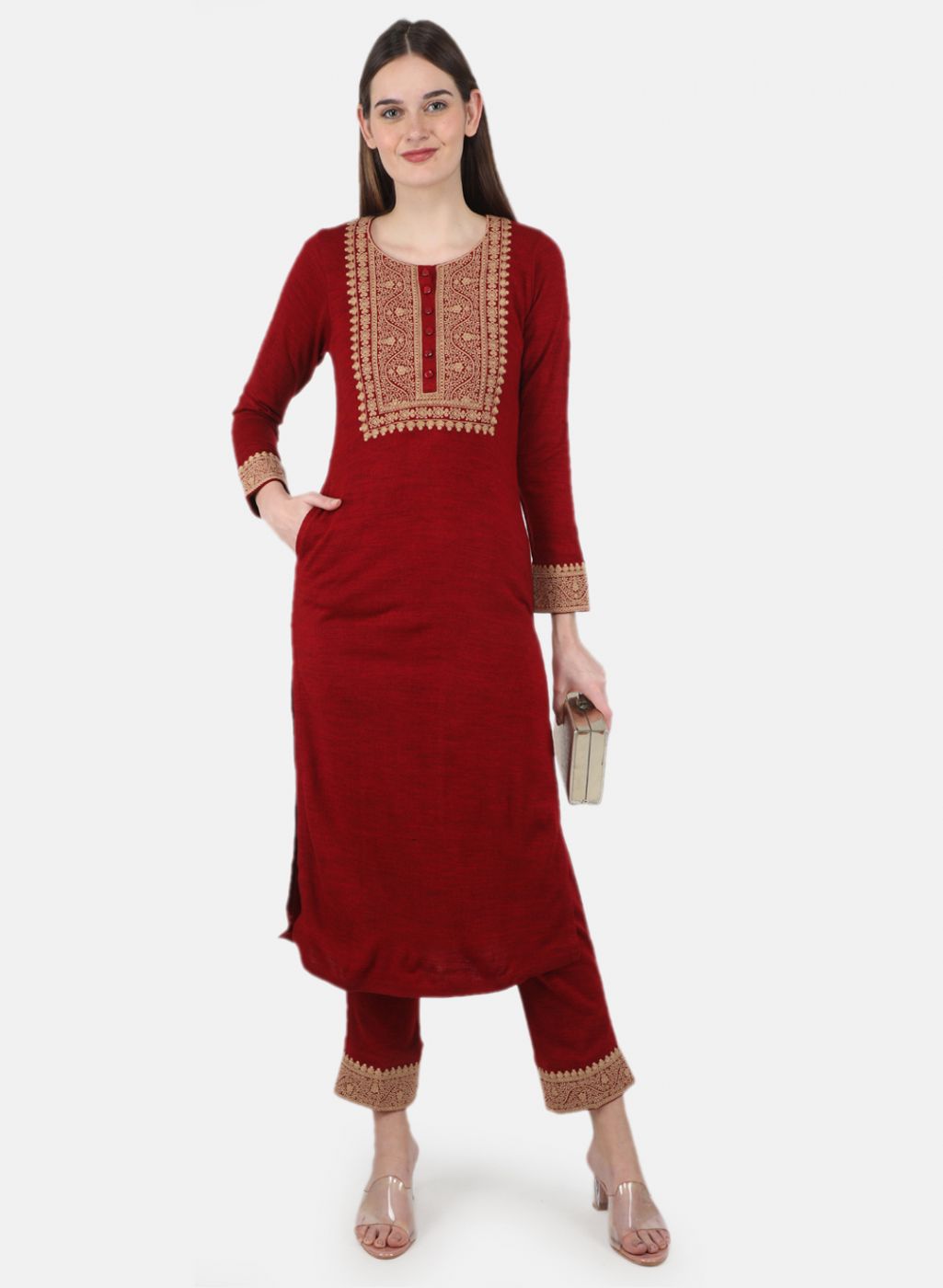 Women Maroon Self Design Kurti+Lower Set
