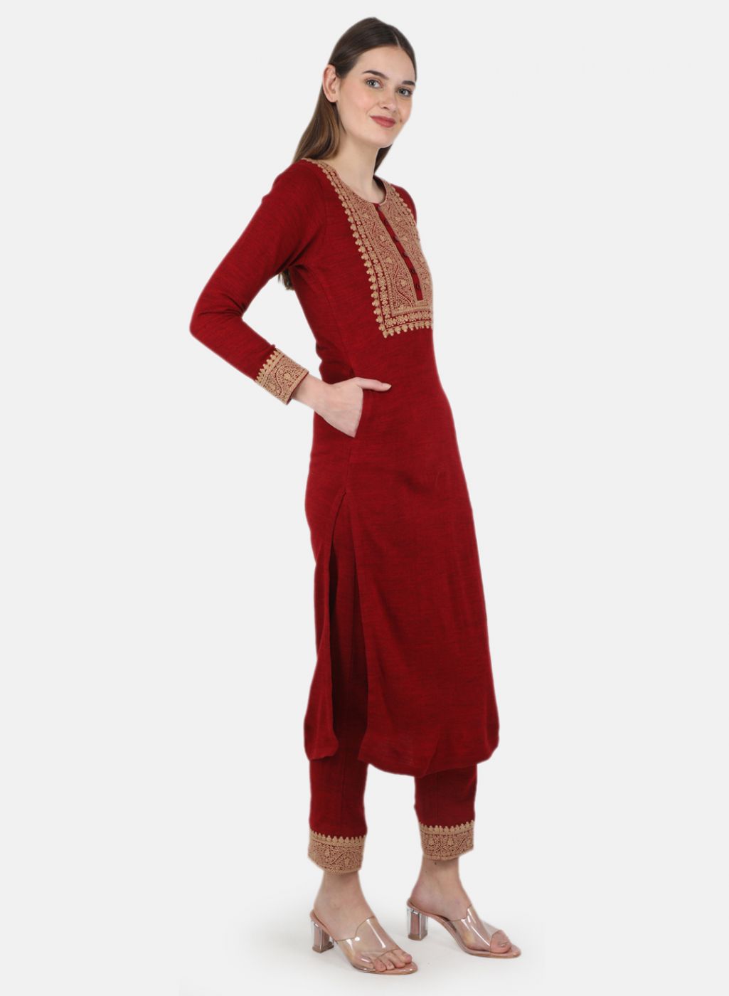 Women Maroon Self Design Kurti+Lower Set