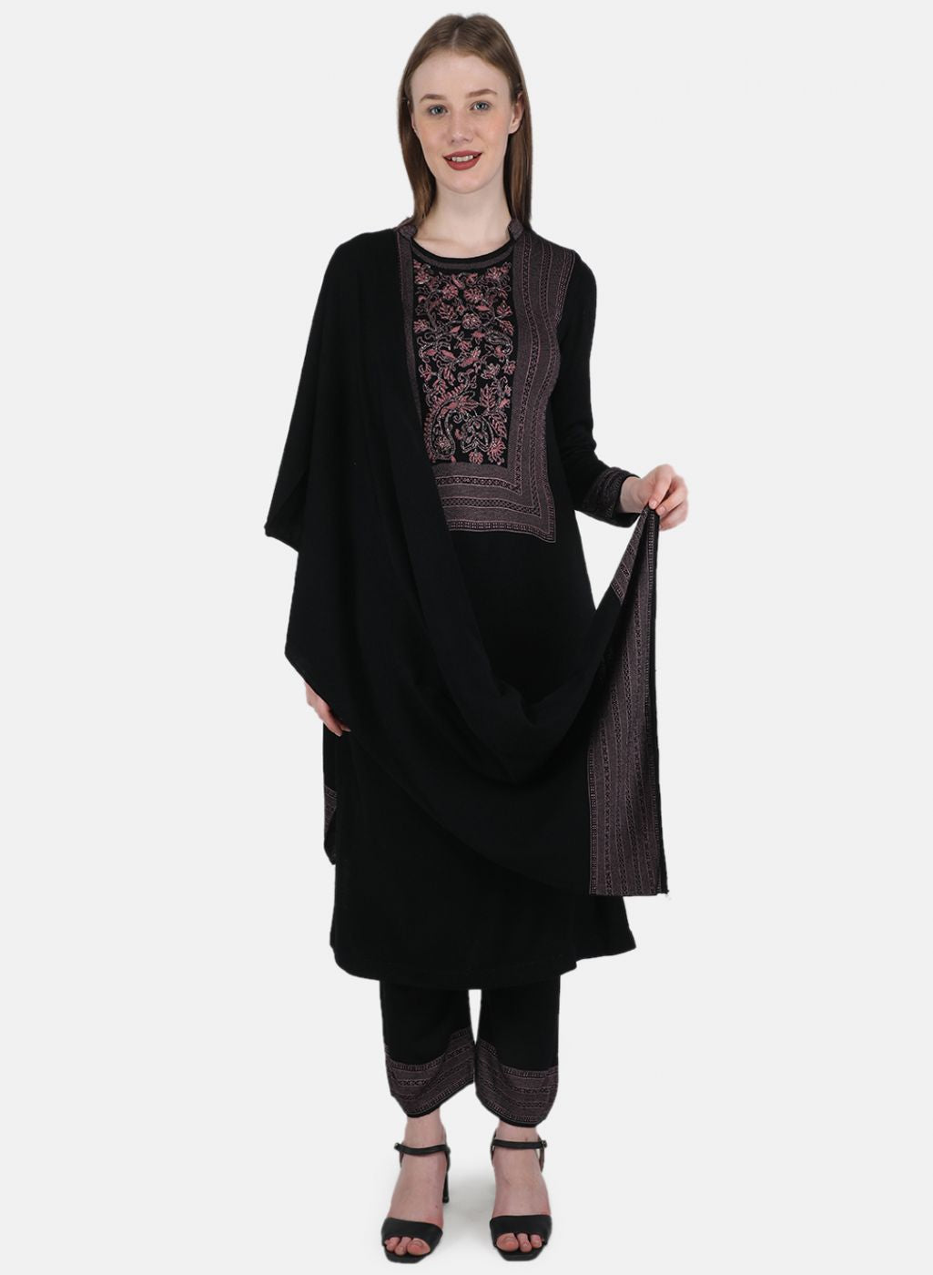 Women Black Self Design 3 Pc Kurti+Stole+Lower