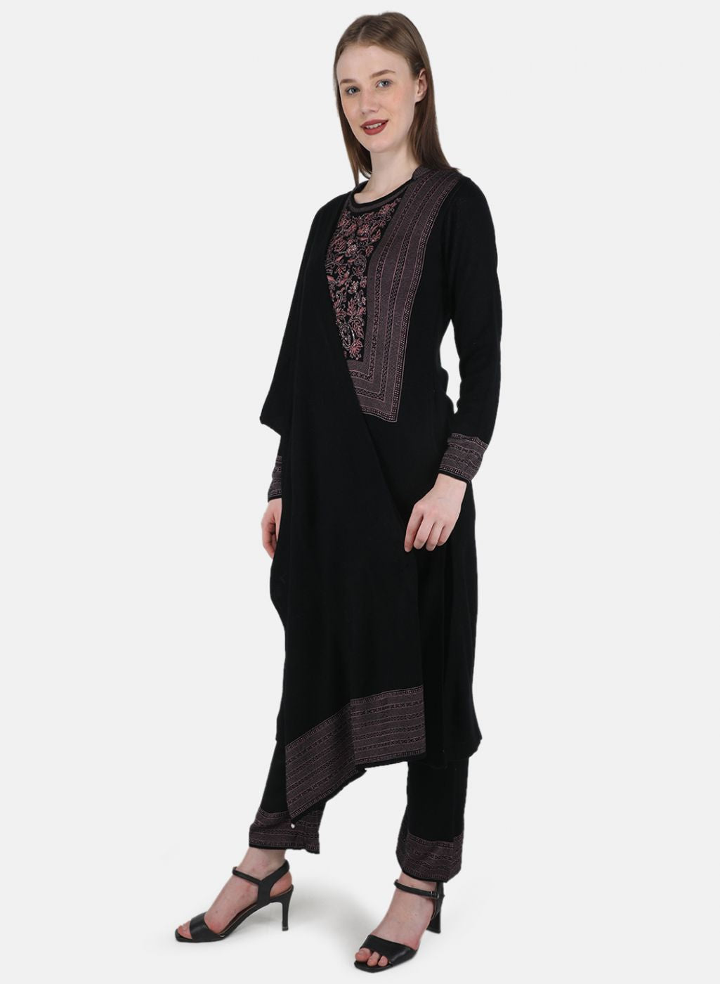 Women Black Self Design 3 Pc Kurti+Stole+Lower