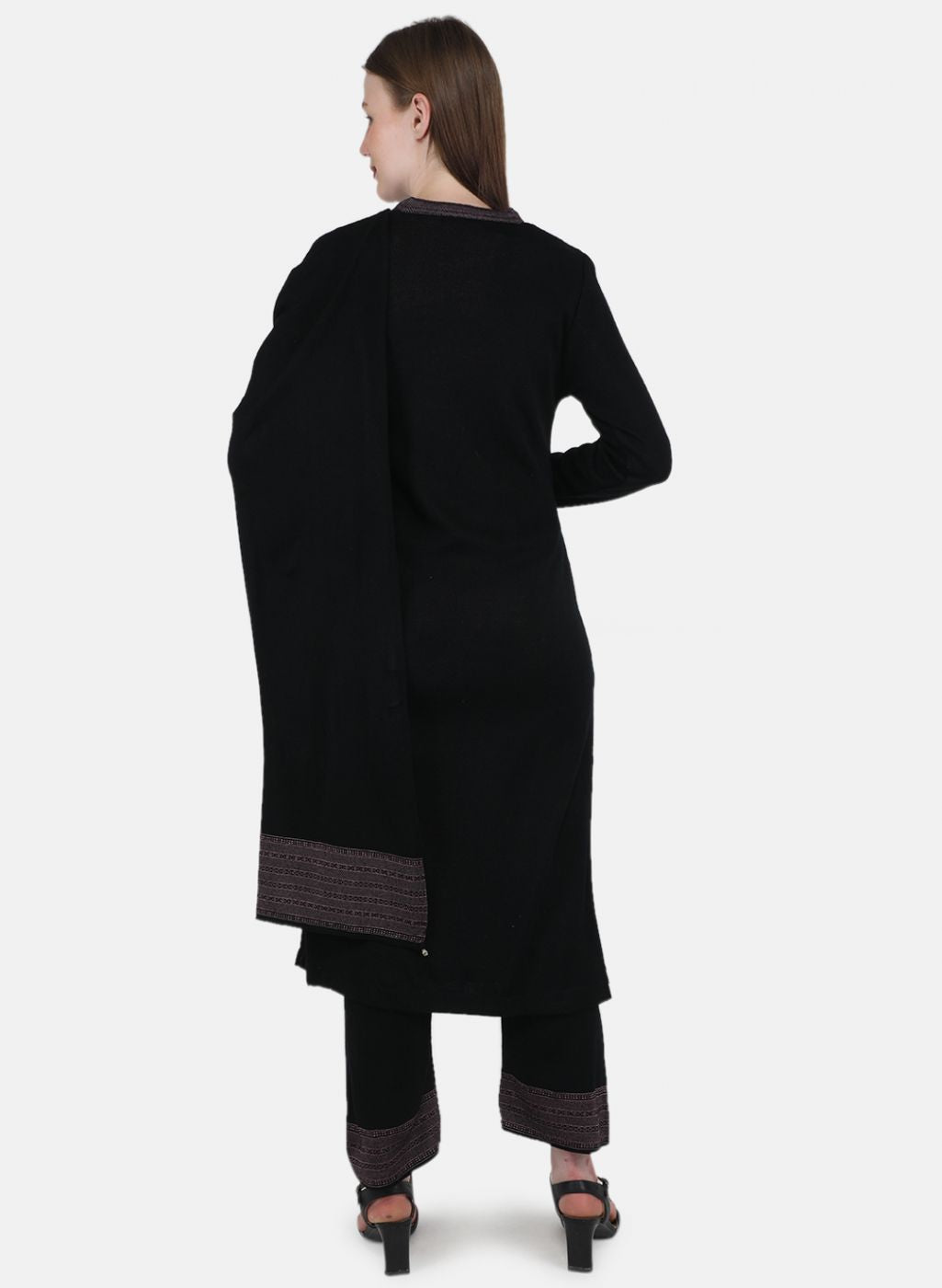 Women Black Self Design 3 Pc Kurti+Stole+Lower