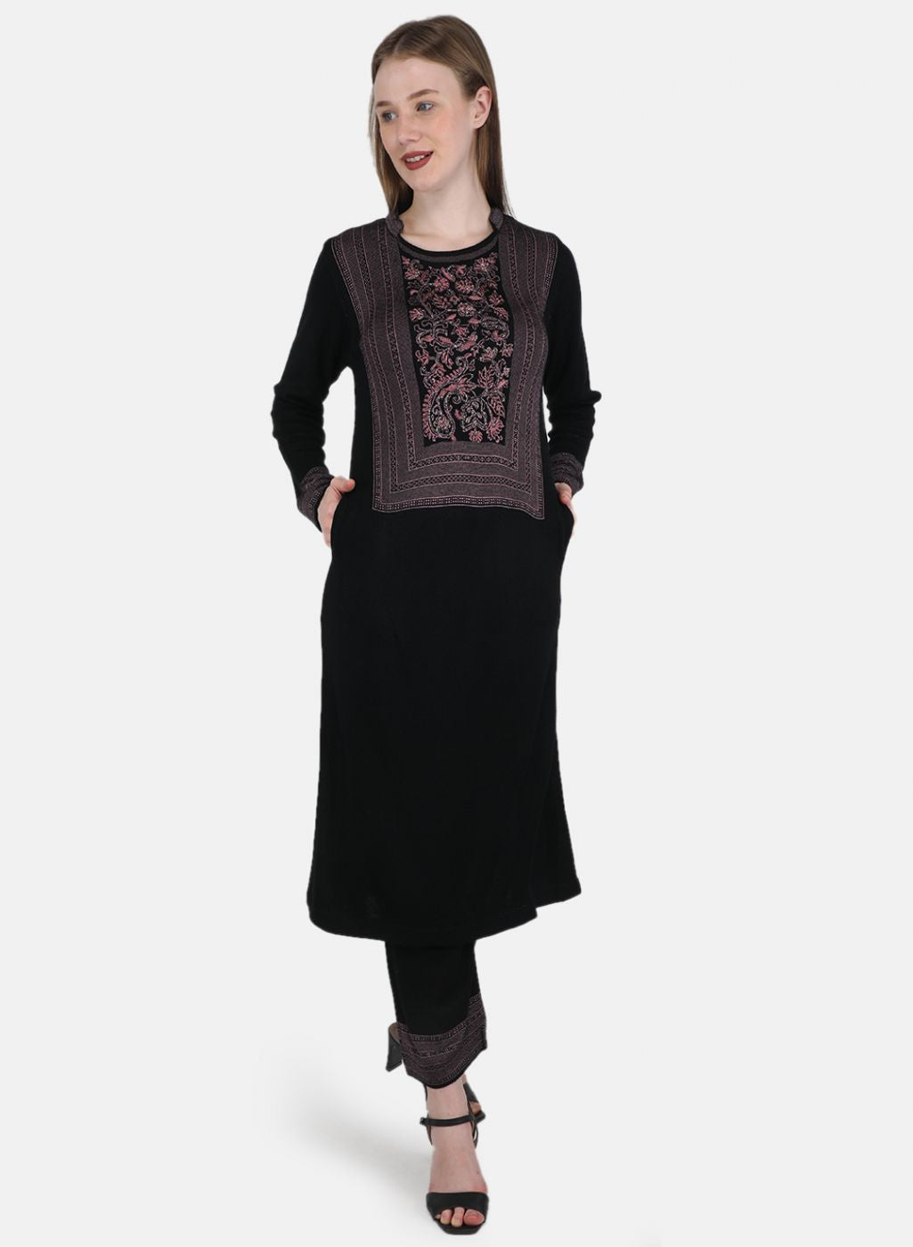 Women Black Self Design 3 Pc Kurti+Stole+Lower