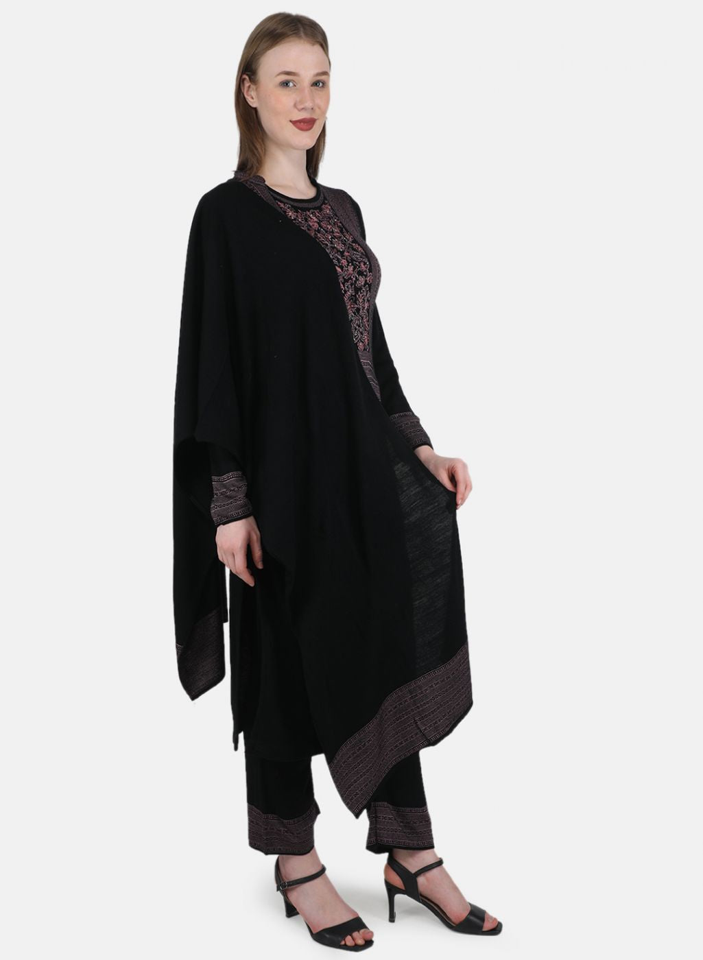 Women Black Self Design 3 Pc Kurti+Stole+Lower