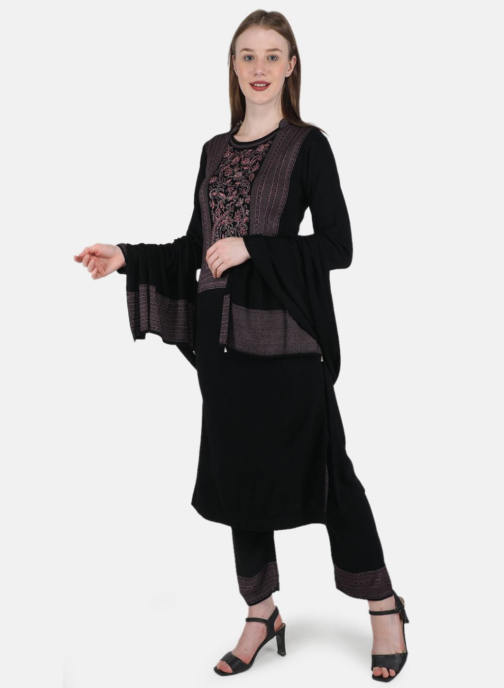 Women Black Self Design 3 Pc Kurti+Stole+Lower
