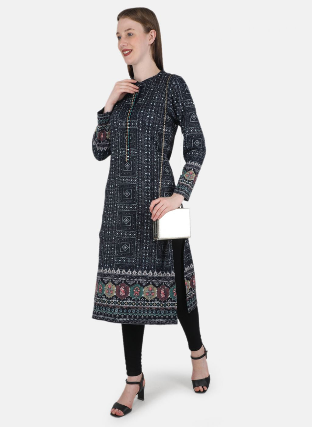 Women NAvy Blue Self Design Kurti