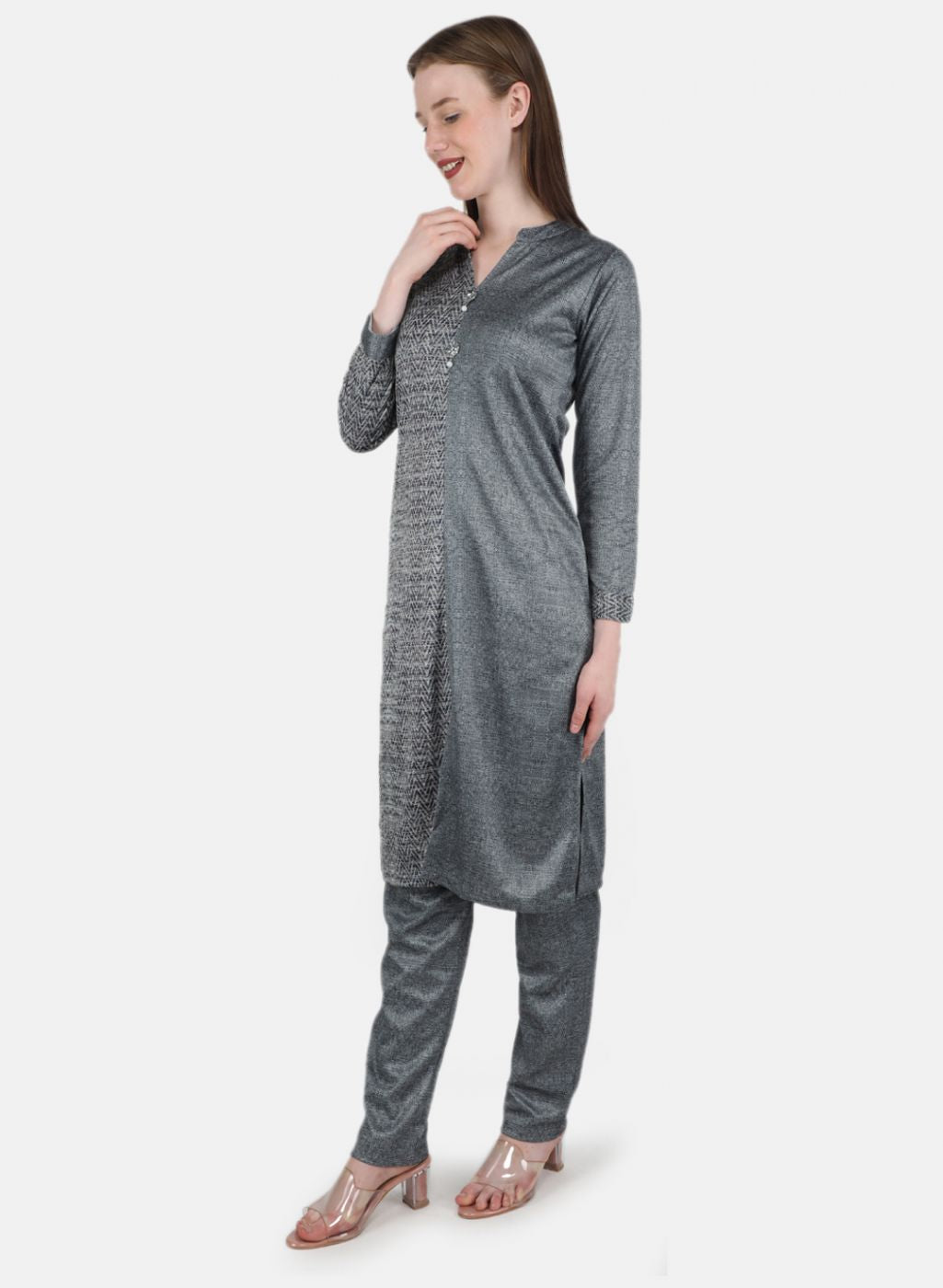 Women Grey Self Design Kurti+Lower Set