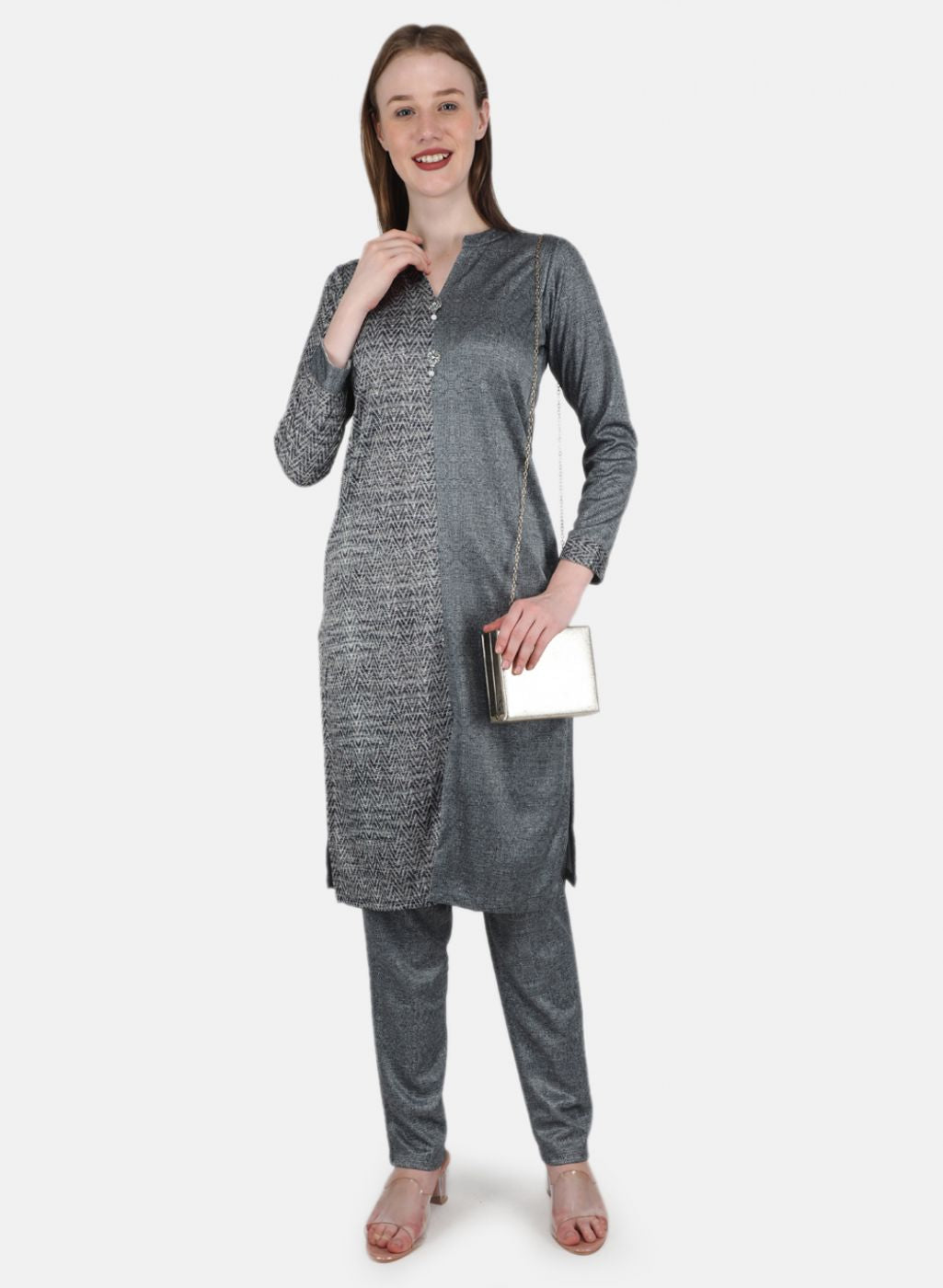 Women Grey Self Design Kurti+Lower Set
