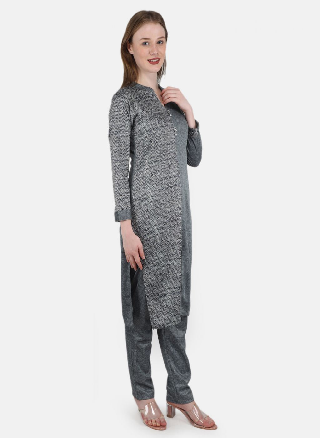 Women Grey Self Design Kurti+Lower Set