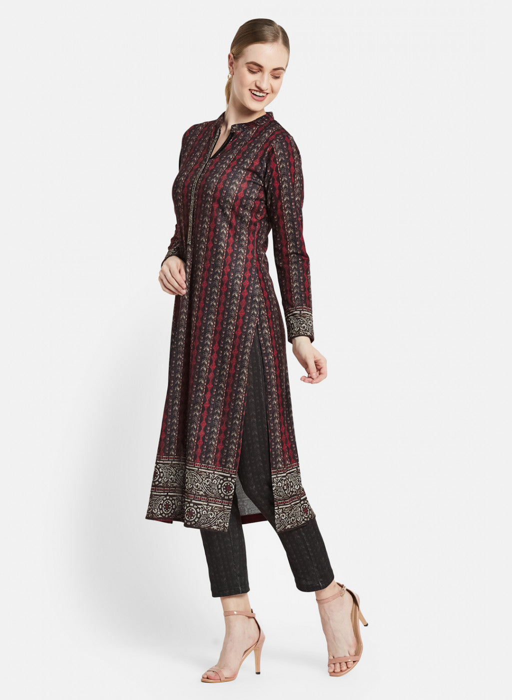 Women Black Self Design Kurti+Lower Set