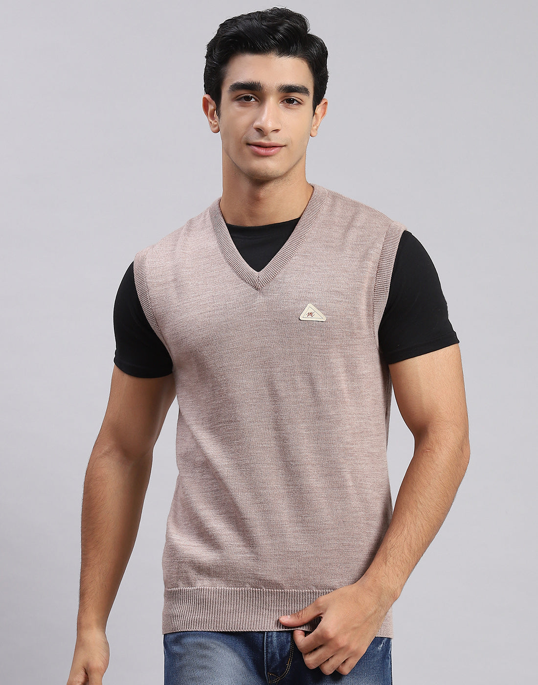 Men Beige Solid V Neck Sleeveless Sweaters/Pullovers